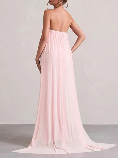 Strapless Rosette Waist Ruched Drape High Split Chiffon Cape Train Mermaid Maxi Gown