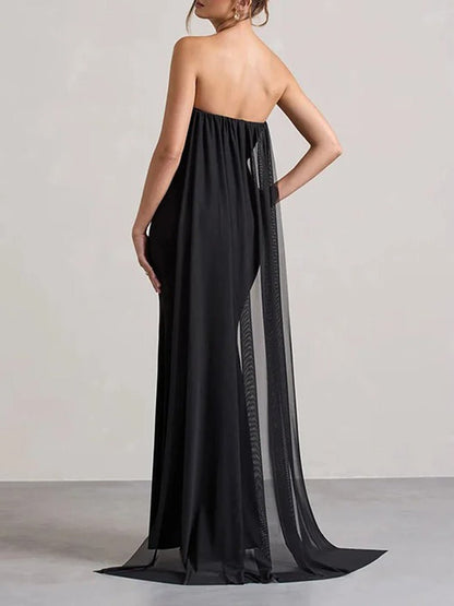 Strapless Rosette Waist Ruched Drape High Split Chiffon Cape Train Mermaid Maxi Gown