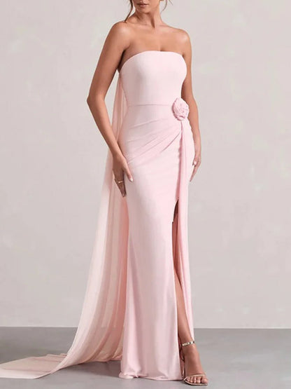 Strapless Rosette Waist Ruched Drape High Split Chiffon Cape Train Mermaid Maxi Gown