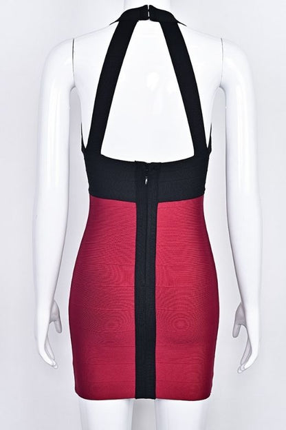 Cherry Red Deep V-Neck Crossover Bodice Bandage Ribbed Mini Dress