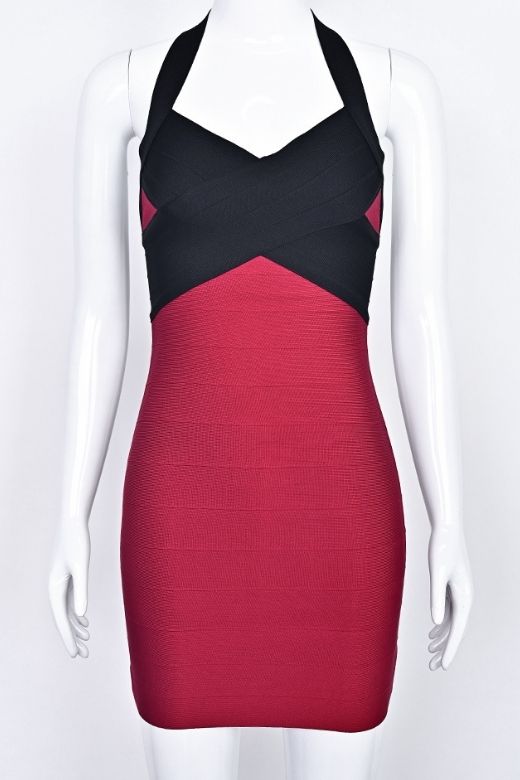 Cherry Red Deep V-Neck Crossover Bodice Bandage Ribbed Mini Dress