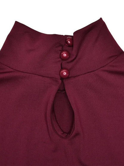 Burgundy Mock Neck Long Sleeve Bubble Hem Fit and Flare Mini Dress