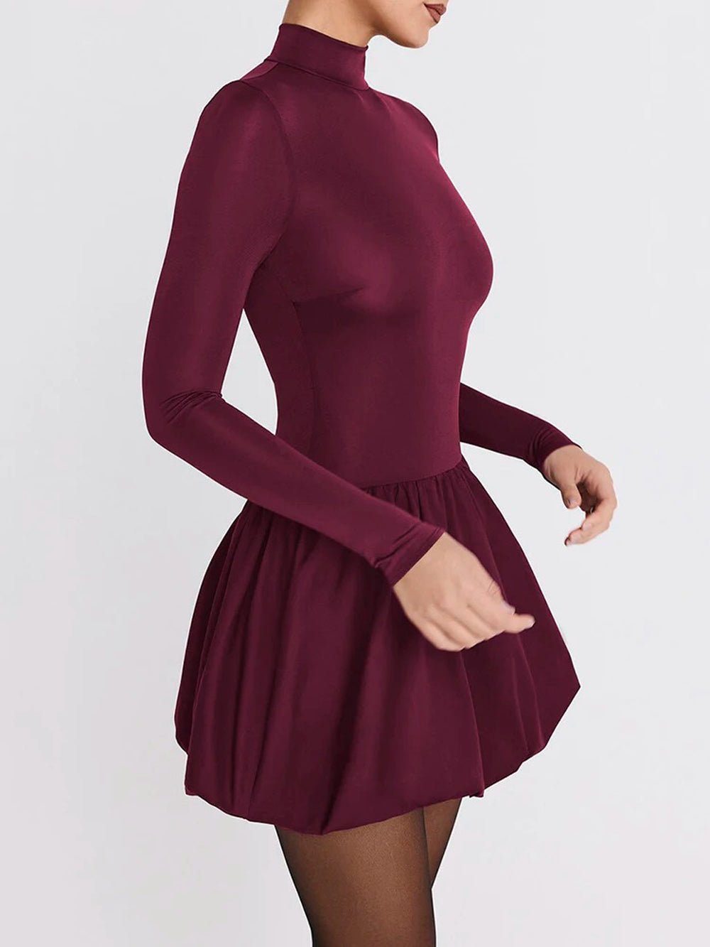 Burgundy Mock Neck Long Sleeve Bubble Hem Fit and Flare Mini Dress