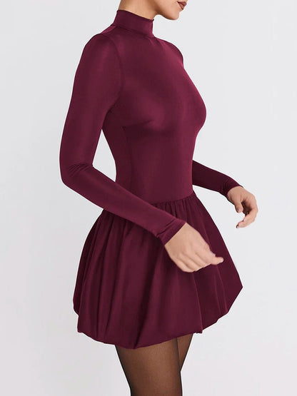Burgundy Mock Neck Long Sleeve Bubble Hem Fit and Flare Mini Dress