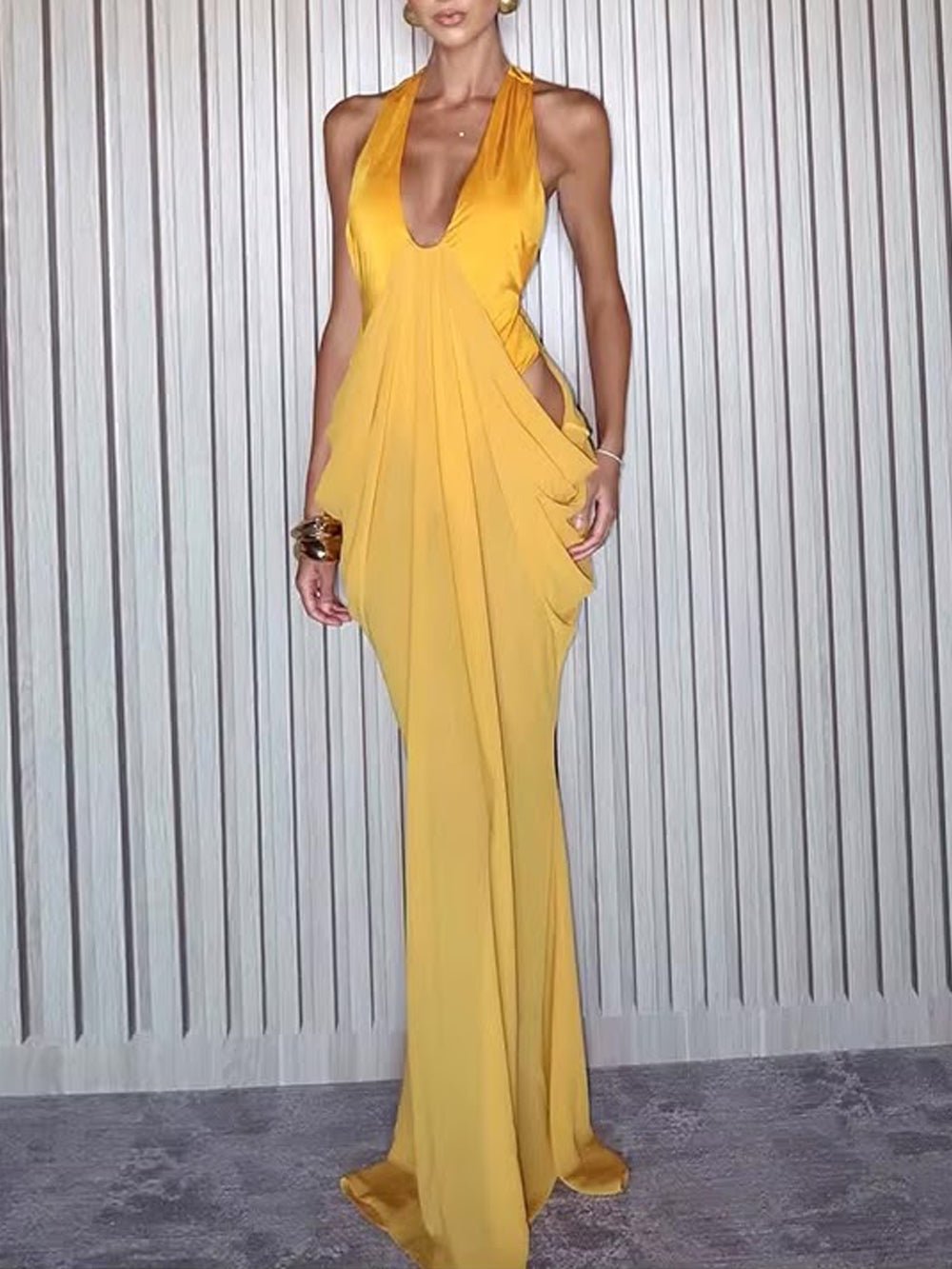 Chiffon Halter Neck Deep V-Neck Side Cut Out Ruched Draped Maxi Dress