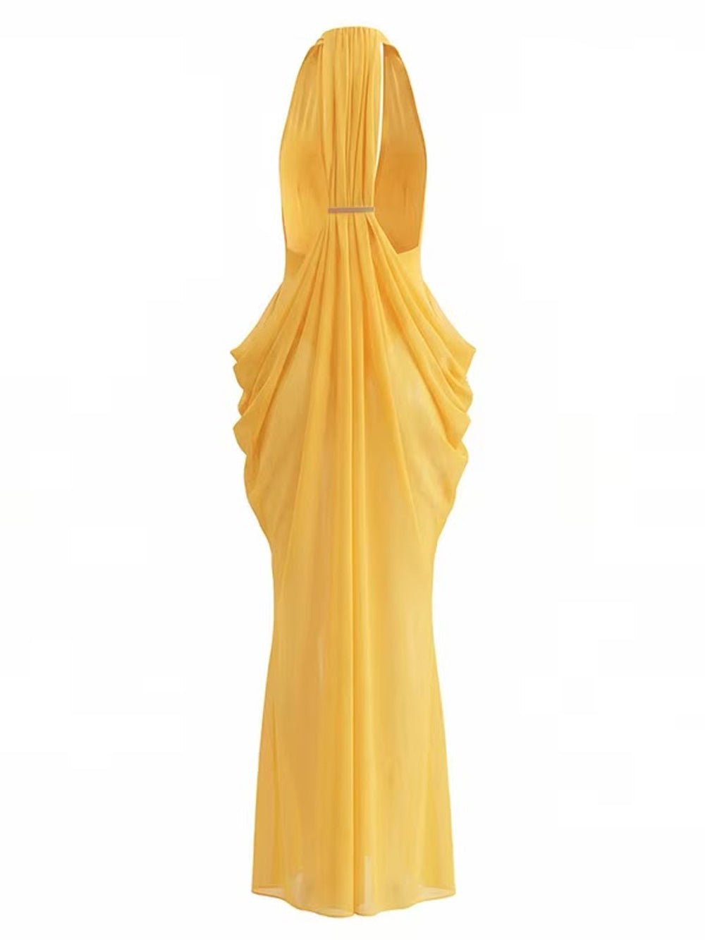 Chiffon Halter Neck Deep V-Neck Side Cut Out Ruched Draped Maxi Dress