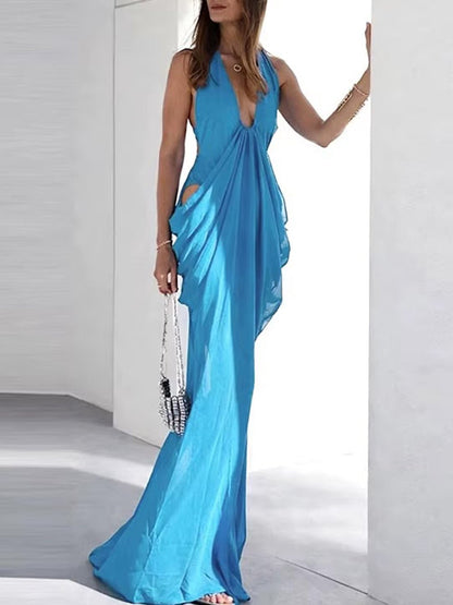Chiffon Halter Neck Deep V-Neck Side Cut Out Ruched Draped Maxi Dress