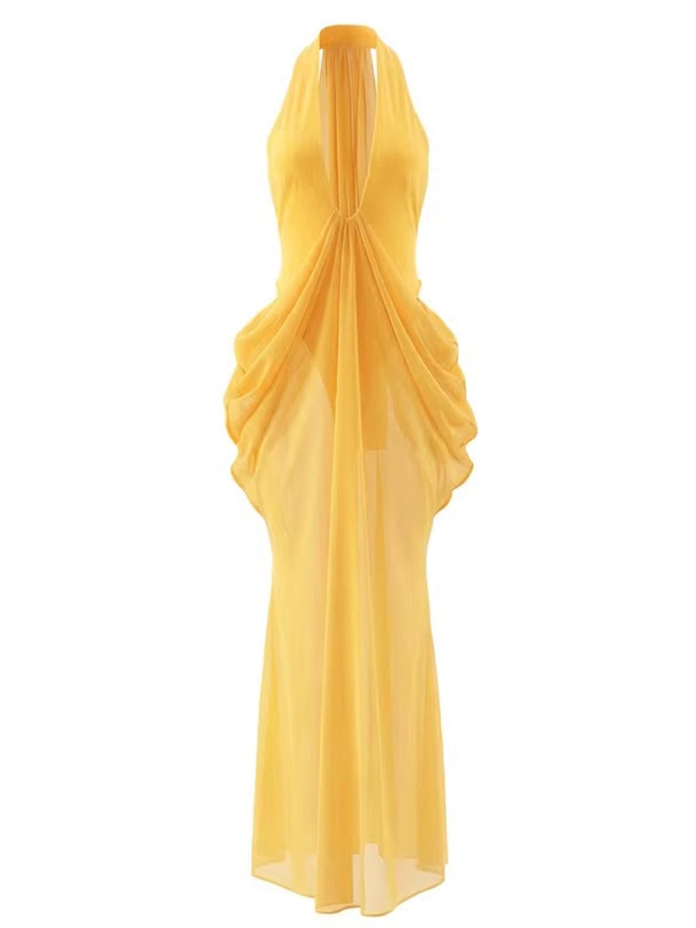 Chiffon Halter Neck Deep V-Neck Side Cut Out Ruched Draped Maxi Dress