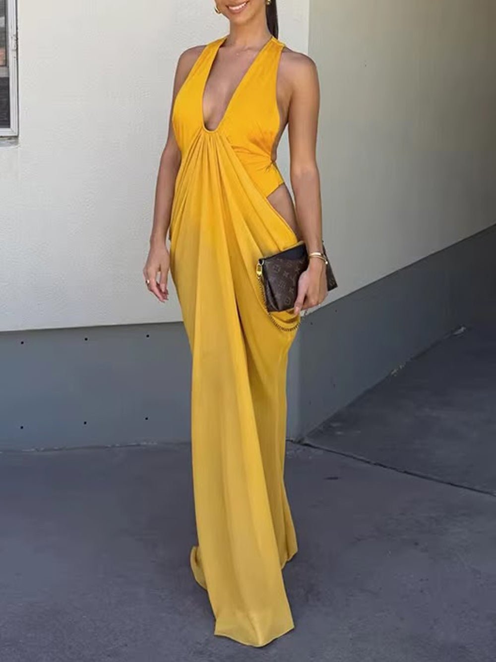 Chiffon Halter Neck Deep V-Neck Side Cut Out Ruched Draped Maxi Dress