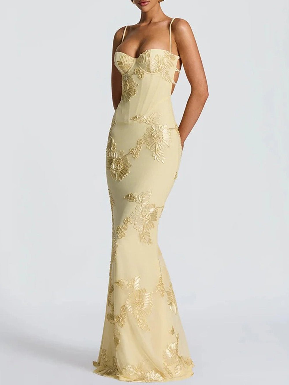 Yellow Floral Applique Sweetheart Corset Spaghetti Strap Bodycon Maxi Gown