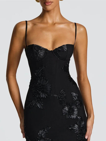 Black Floral Applique Sweetheart Corset Spaghetti Strap Bodycon Maxi Gown