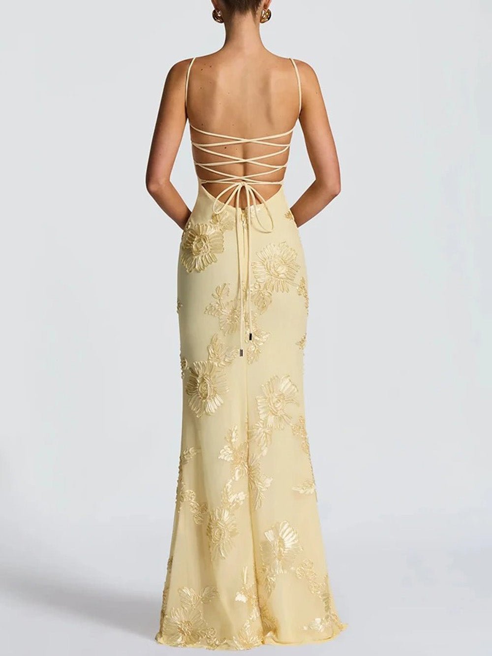 Yellow Floral Applique Sweetheart Corset Spaghetti Strap Bodycon Maxi Gown