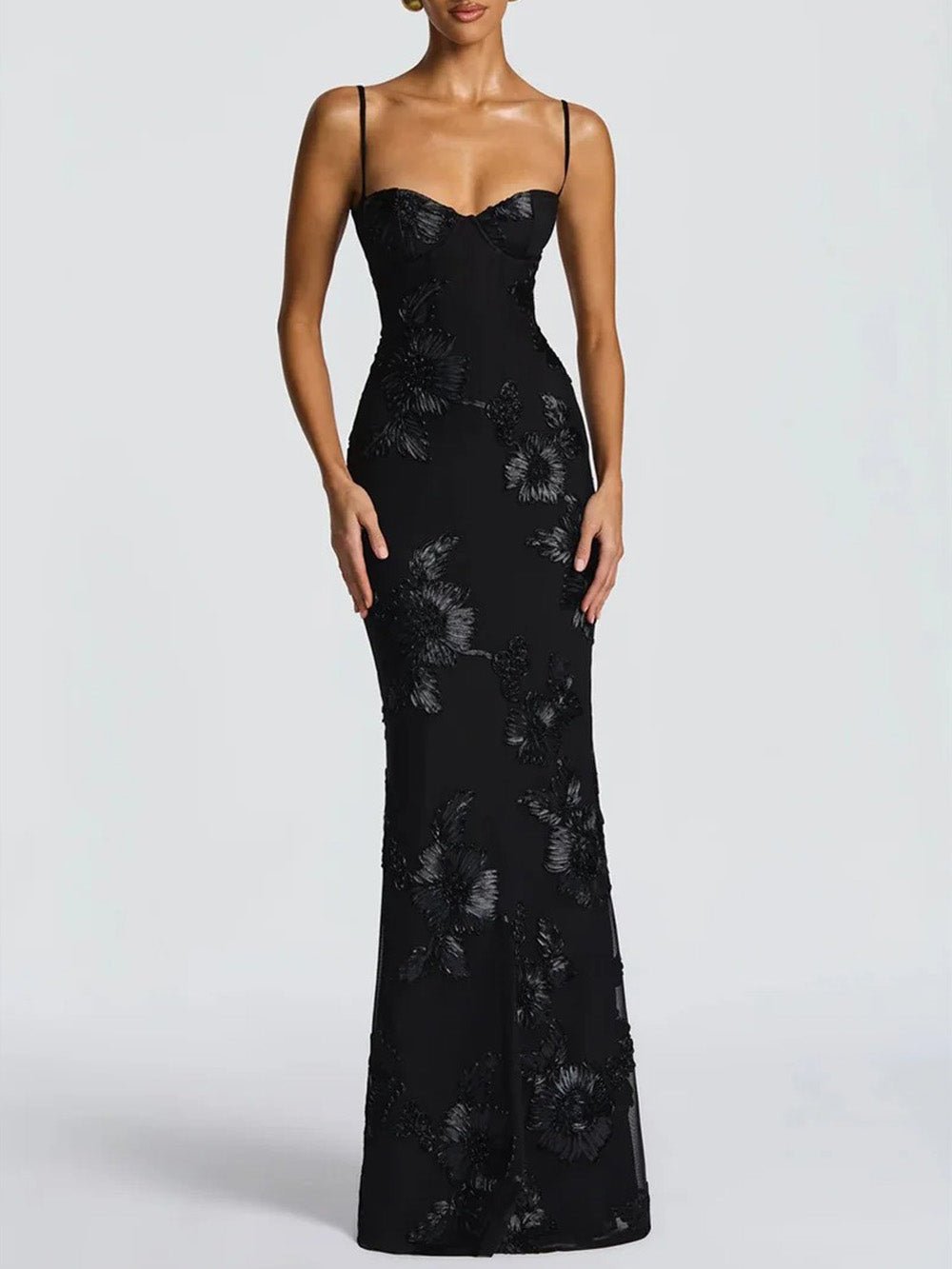 Black Floral Applique Sweetheart Corset Spaghetti Strap Bodycon Maxi Gown
