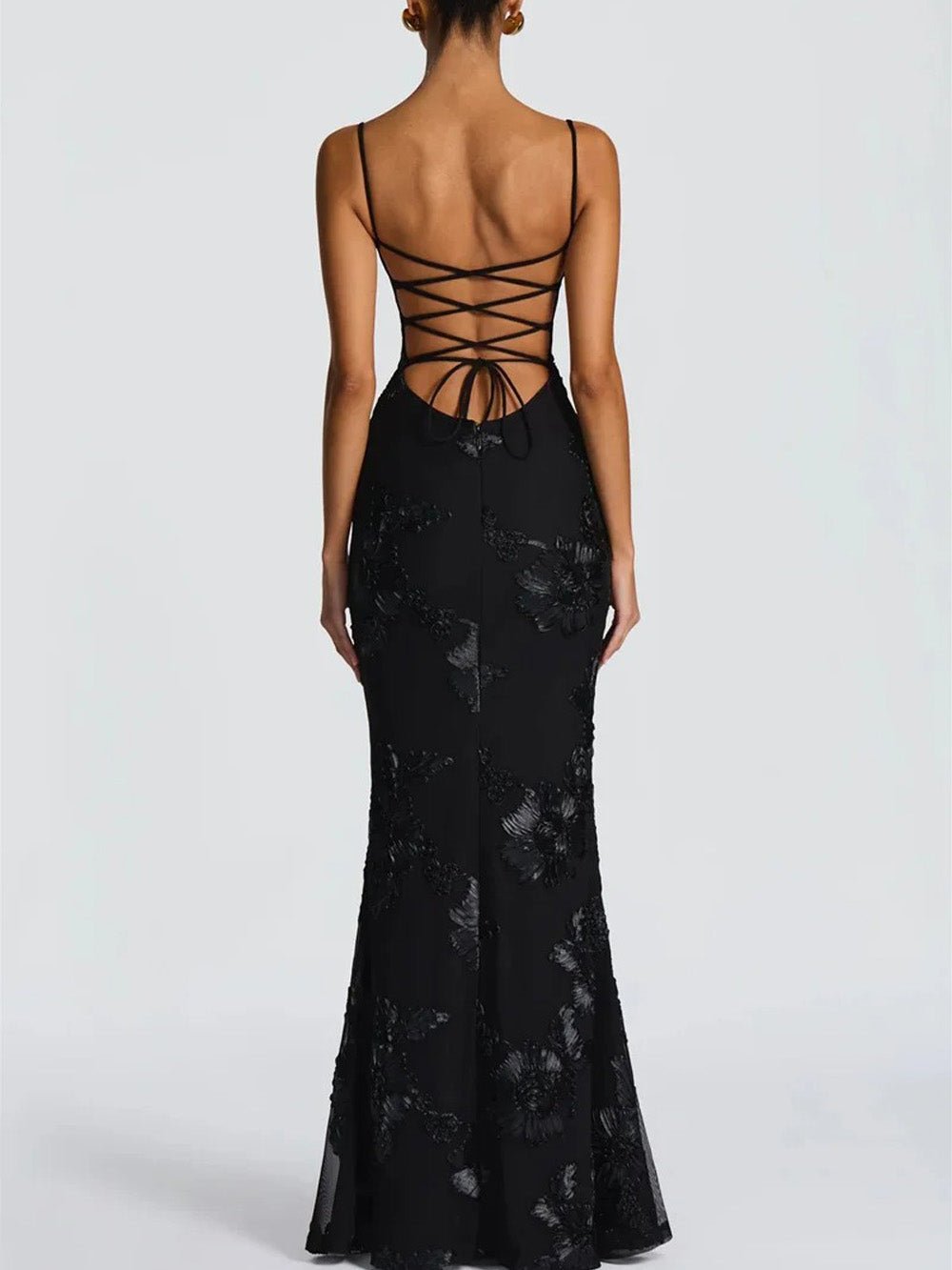 Black Floral Applique Sweetheart Corset Spaghetti Strap Bodycon Maxi Gown