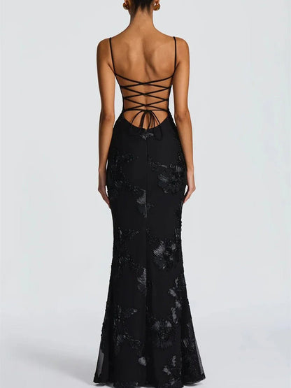 Black Floral Applique Sweetheart Corset Spaghetti Strap Bodycon Maxi Gown
