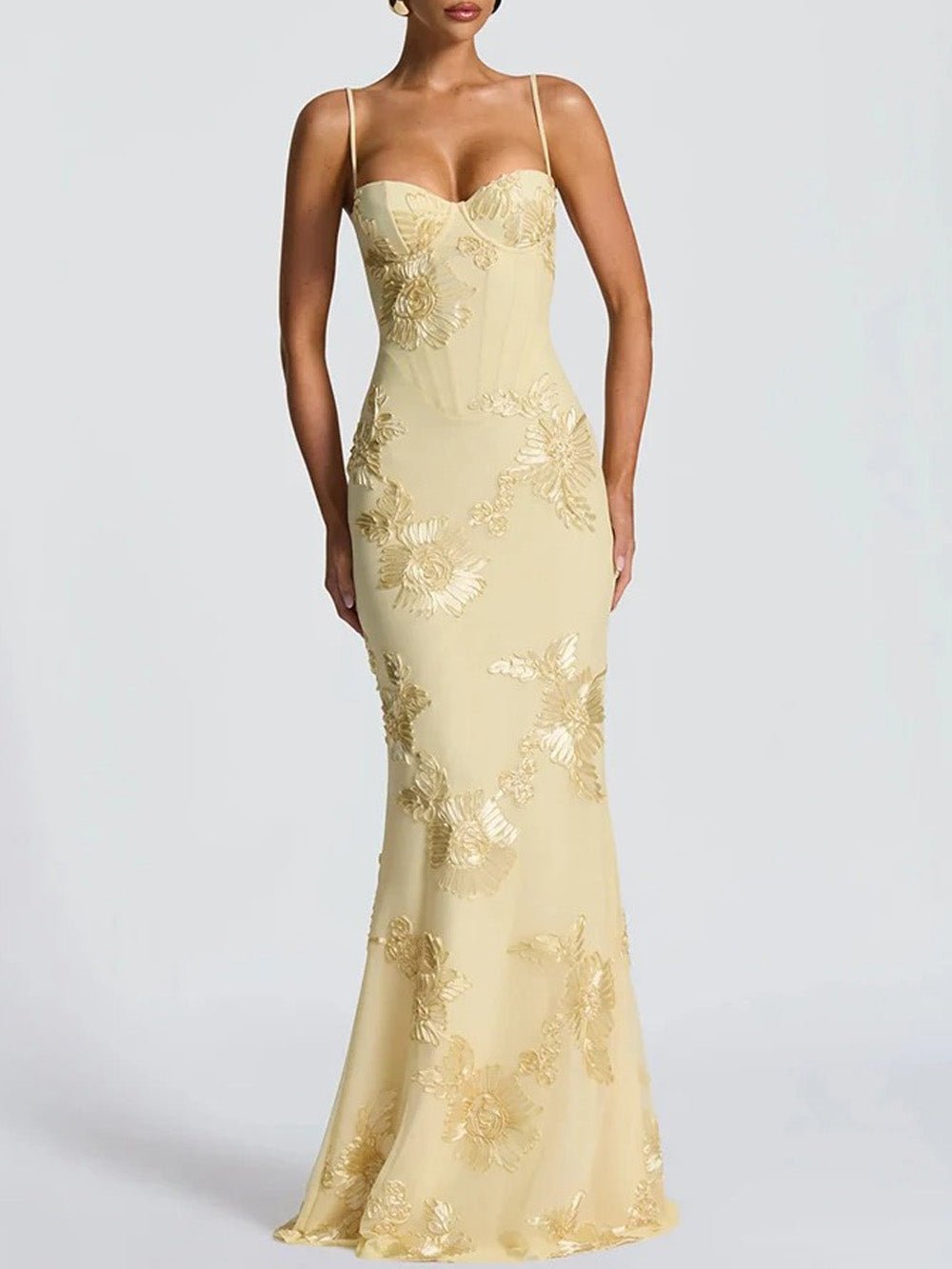 Yellow Floral Applique Sweetheart Corset Spaghetti Strap Bodycon Maxi Gown