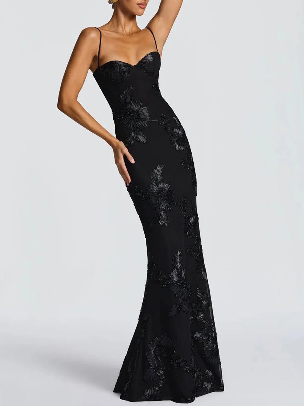 Black Floral Applique Sweetheart Corset Spaghetti Strap Bodycon Maxi Gown