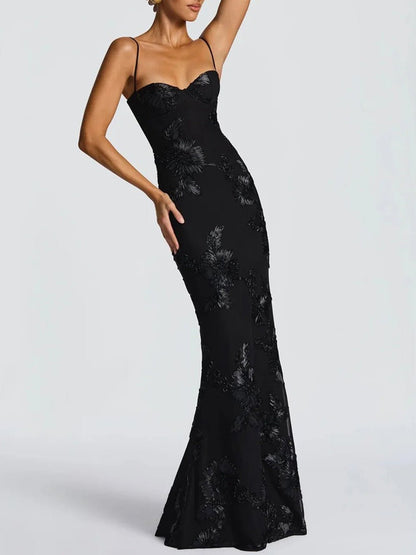 Black Floral Applique Sweetheart Corset Spaghetti Strap Bodycon Maxi Gown