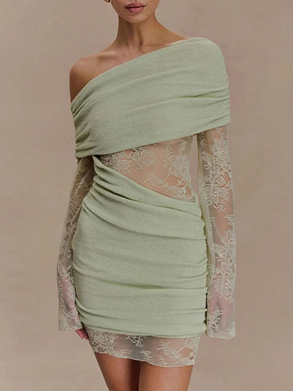 Green Lace Off Shoulder Long Sleeve Ruched Asymmetric Panel Bodycon Mini Dress