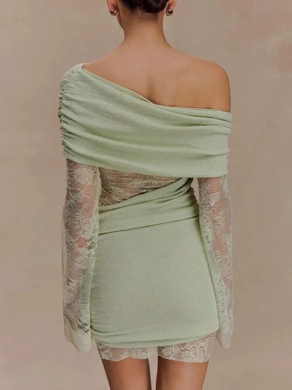 Green Lace Off Shoulder Long Sleeve Ruched Asymmetric Panel Bodycon Mini Dress