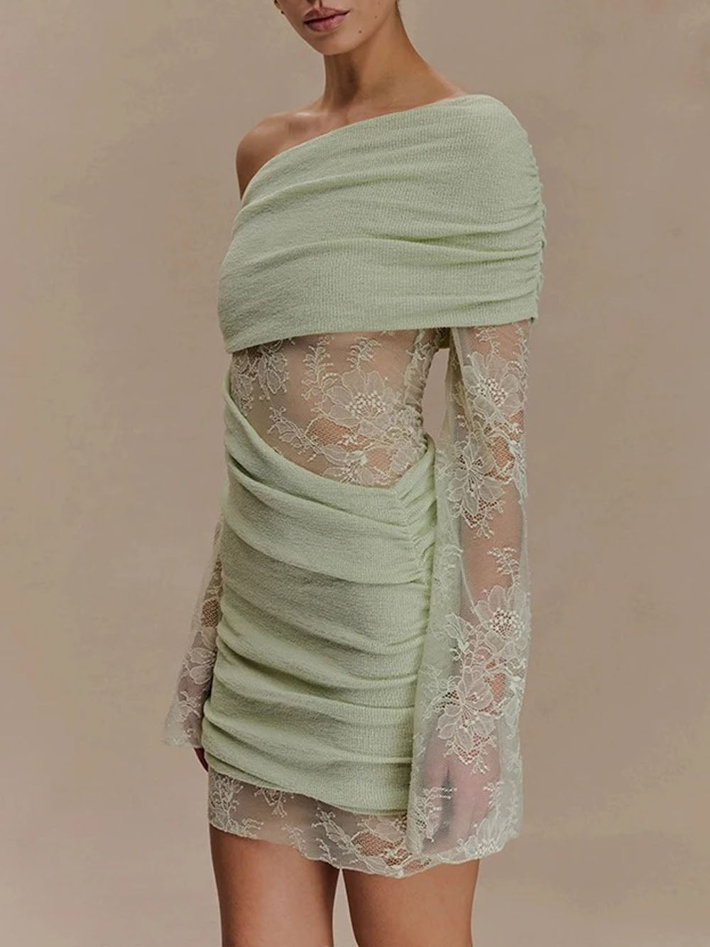Green Lace Off Shoulder Long Sleeve Ruched Asymmetric Panel Bodycon Mini Dress