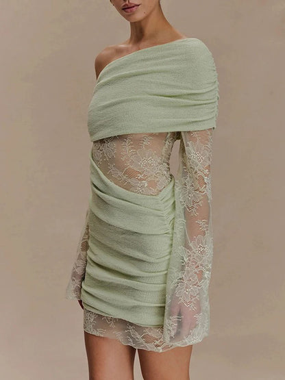 Green Lace Off Shoulder Long Sleeve Ruched Asymmetric Panel Bodycon Mini Dress