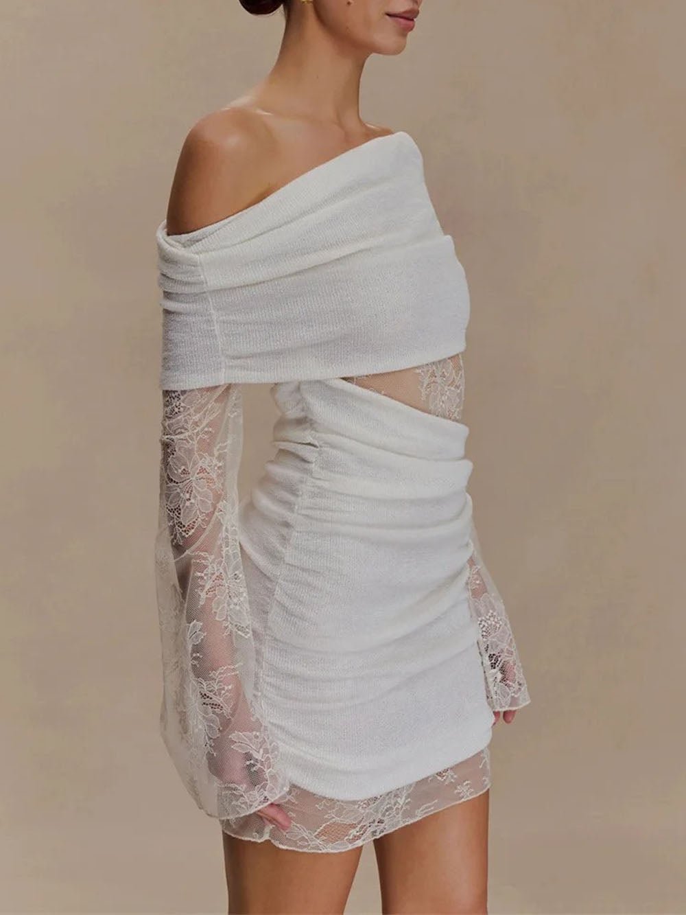 White Lace Off Shoulder Long Sleeve Ruched Asymmetric Panel Bodycon Mini Dress