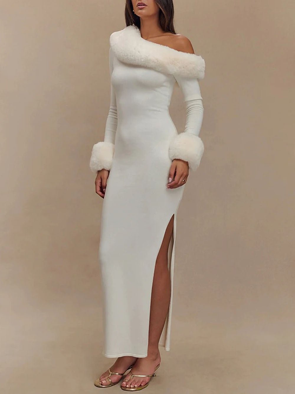 White One Shoulder Faux Fur Trim Long Sleeve Maxi Gown