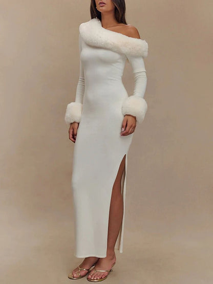 White One Shoulder Faux Fur Trim Long Sleeve Maxi Gown