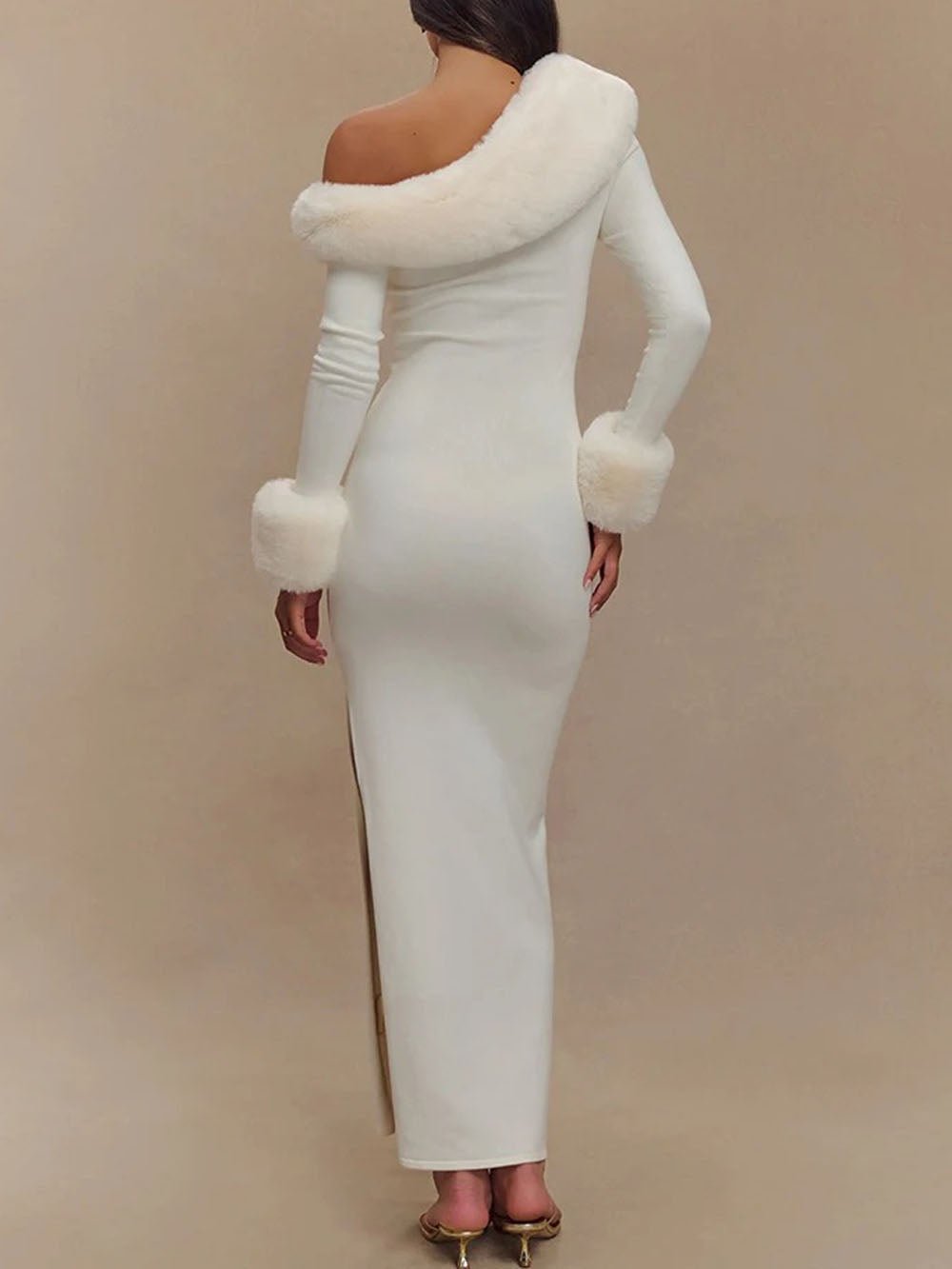 White One Shoulder Faux Fur Trim Long Sleeve Maxi Gown