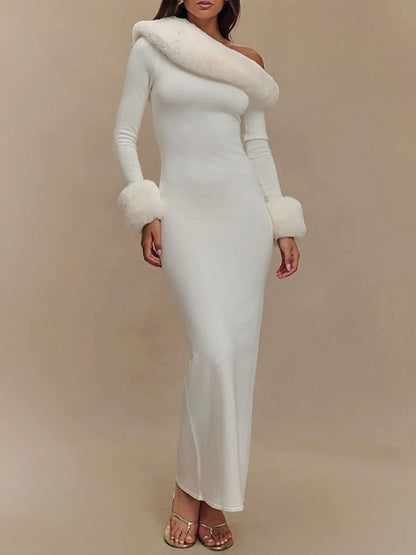 White One Shoulder Faux Fur Trim Long Sleeve Maxi Gown