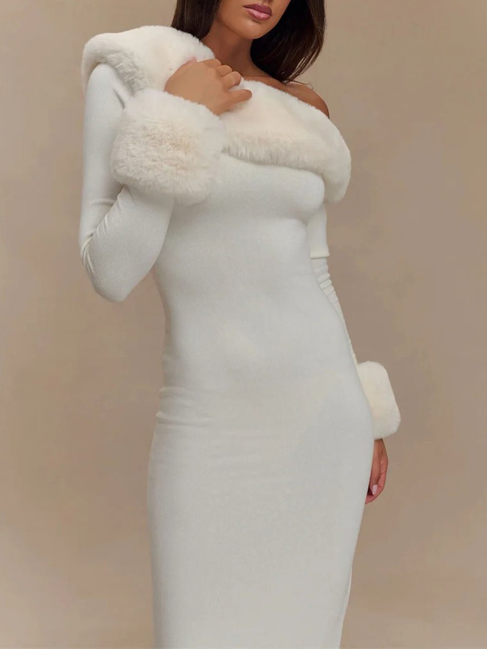White One Shoulder Faux Fur Trim Long Sleeve Maxi Gown