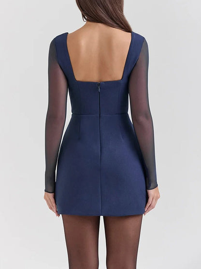 Mesh Long Sleeve Bustier Sweetheart Plunge Bodycon Mini Dress