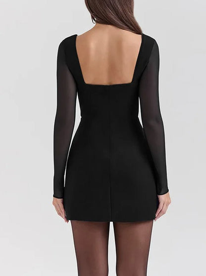 Mesh Long Sleeve Bustier Sweetheart Plunge Bodycon Mini Dress