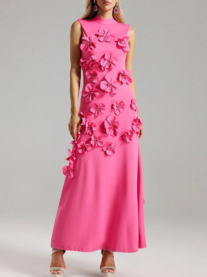 Mock Neck Sleeveless 3D Floral Applique Column Maxi Dress