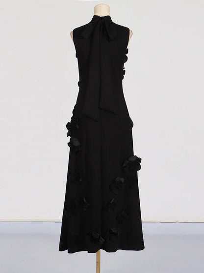 Mock Neck Sleeveless 3D Floral Applique Column Maxi Dress