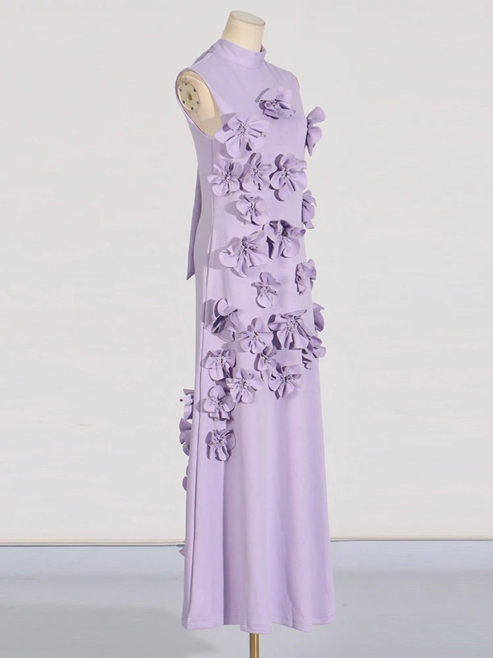 Mock Neck Sleeveless 3D Floral Applique Column Maxi Dress