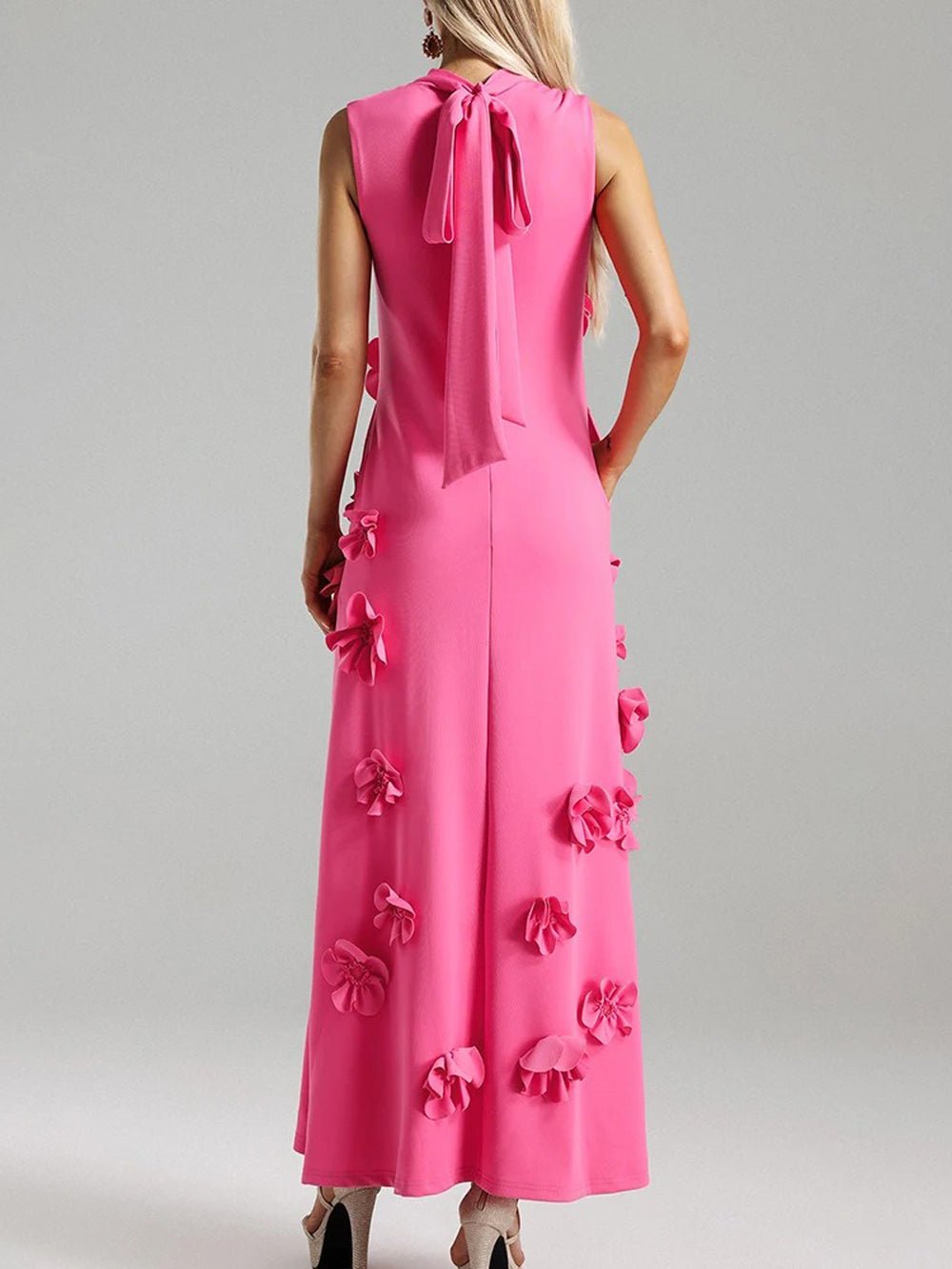 Mock Neck Sleeveless 3D Floral Applique Column Maxi Dress