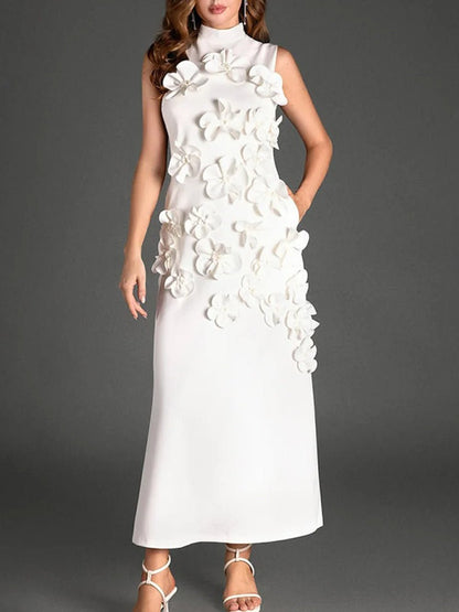 Mock Neck Sleeveless 3D Floral Applique Column Maxi Dress