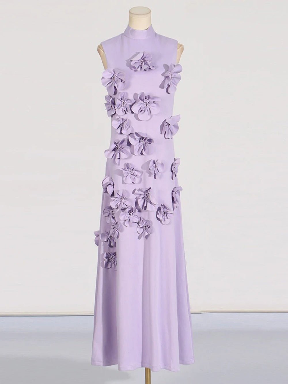 Mock Neck Sleeveless 3D Floral Applique Column Maxi Dress