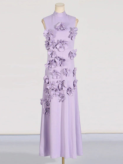 Mock Neck Sleeveless 3D Floral Applique Column Maxi Dress