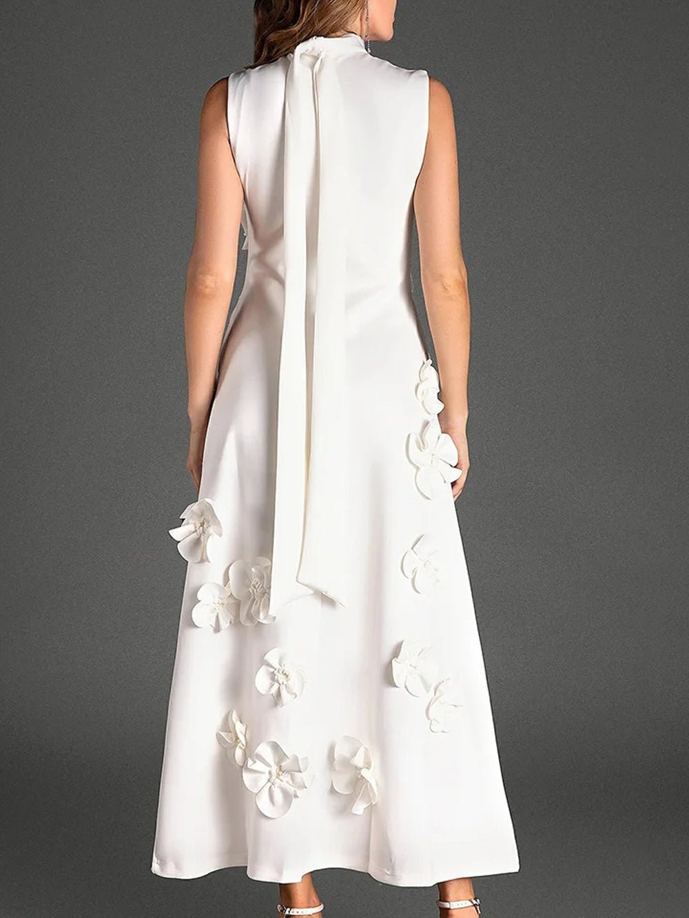 Mock Neck Sleeveless 3D Floral Applique Column Maxi Dress