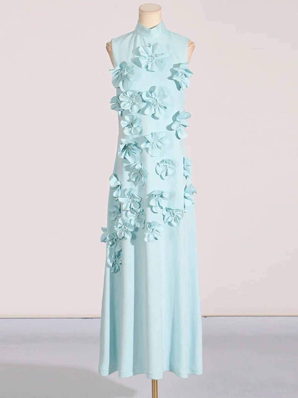 Mock Neck Sleeveless 3D Floral Applique Column Maxi Dress