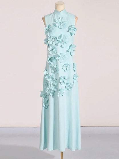 Mock Neck Sleeveless 3D Floral Applique Column Maxi Dress