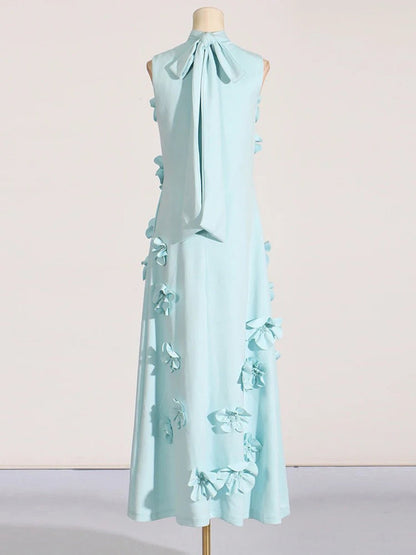 Mock Neck Sleeveless 3D Floral Applique Column Maxi Dress