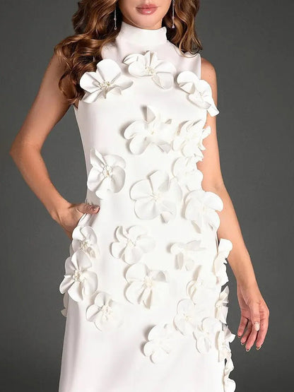 Mock Neck Sleeveless 3D Floral Applique Column Maxi Dress