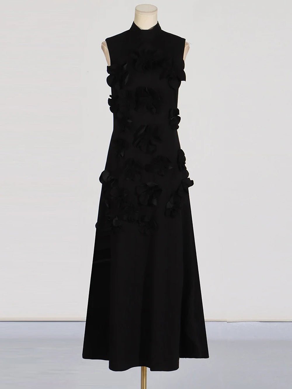 Mock Neck Sleeveless 3D Floral Applique Column Maxi Dress