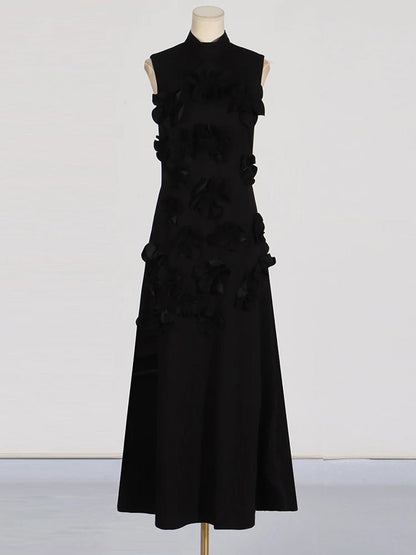 Mock Neck Sleeveless 3D Floral Applique Column Maxi Dress
