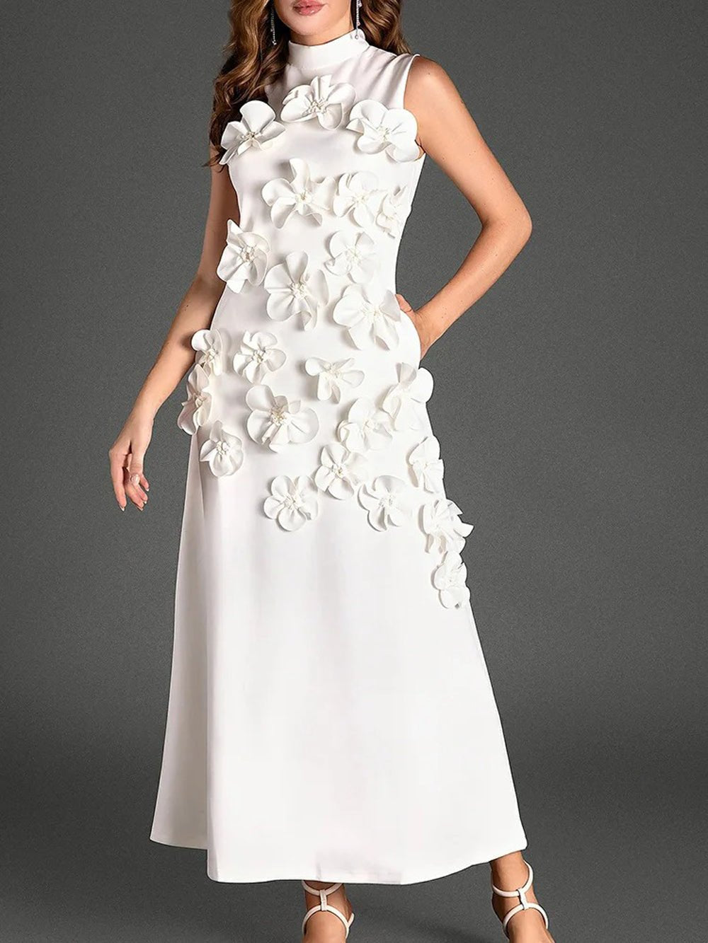 Mock Neck Sleeveless 3D Floral Applique Column Maxi Dress