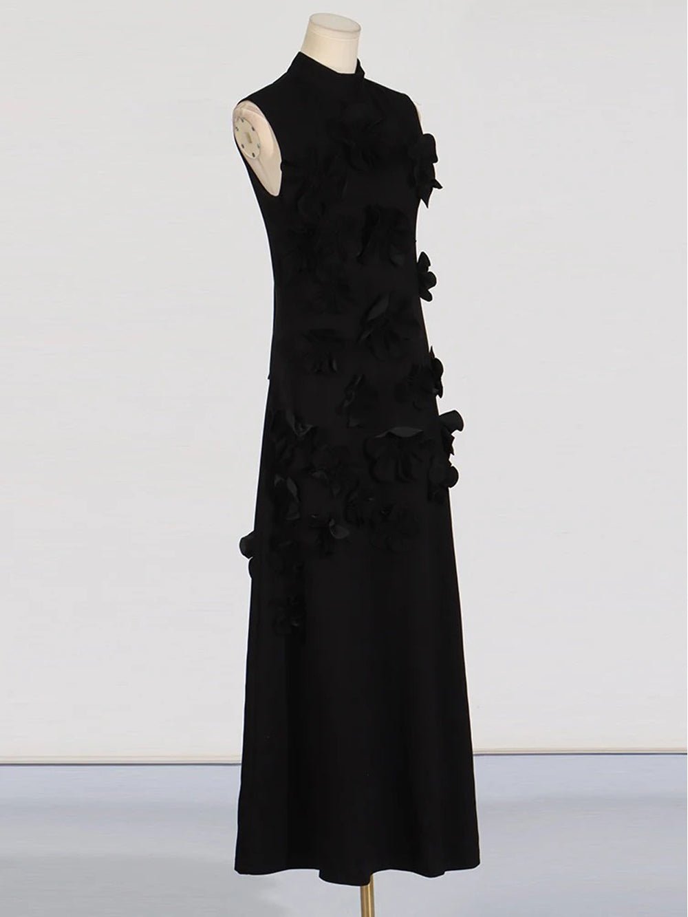 Mock Neck Sleeveless 3D Floral Applique Column Maxi Dress
